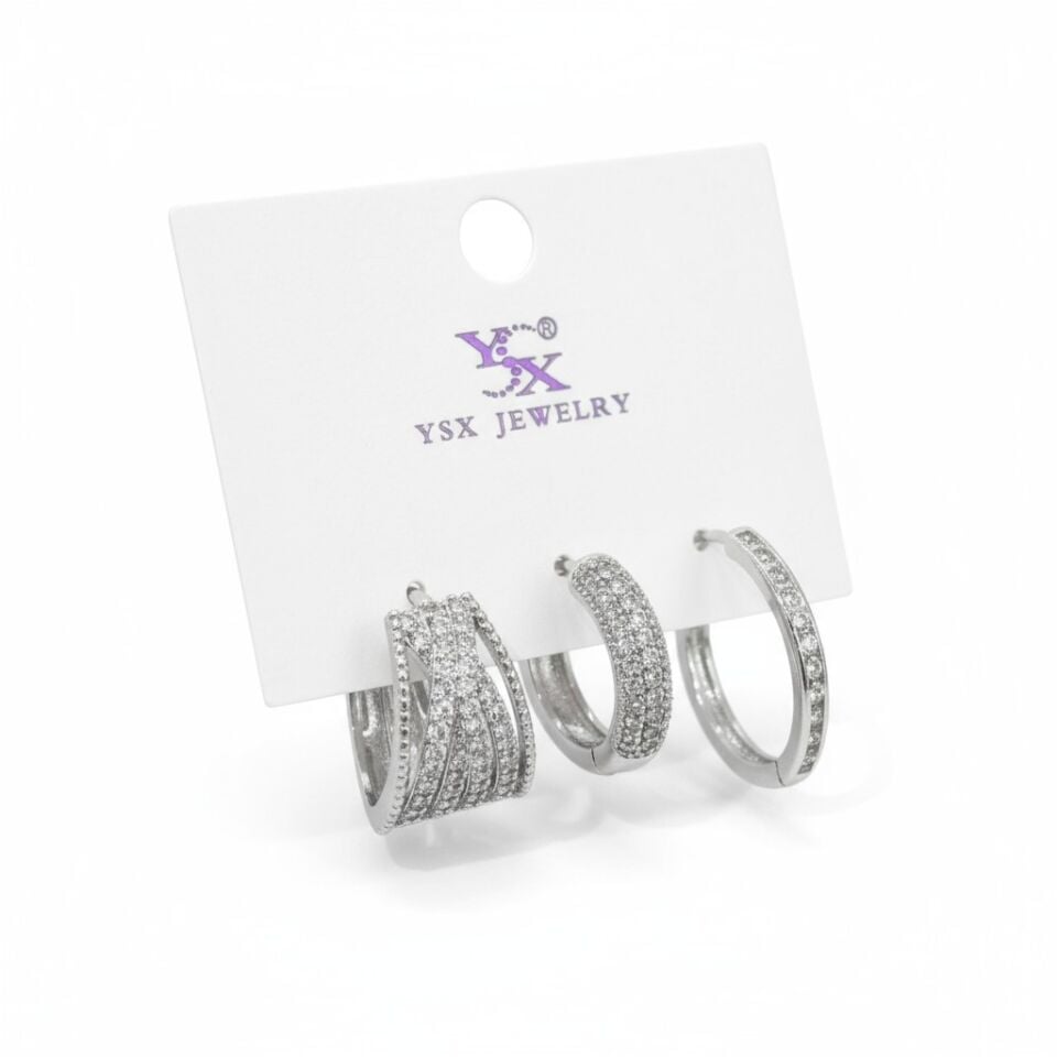 YSX Üçlü Taşlı Halka Küpe Seti