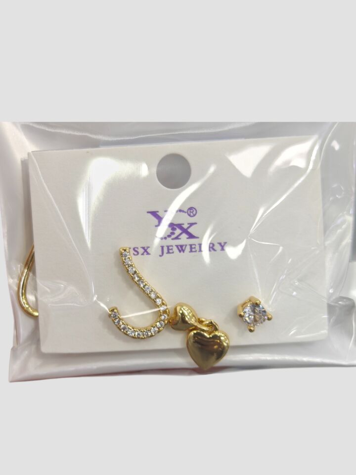 3’lü YSX Kalp Detaylı Gold Küpe Seti