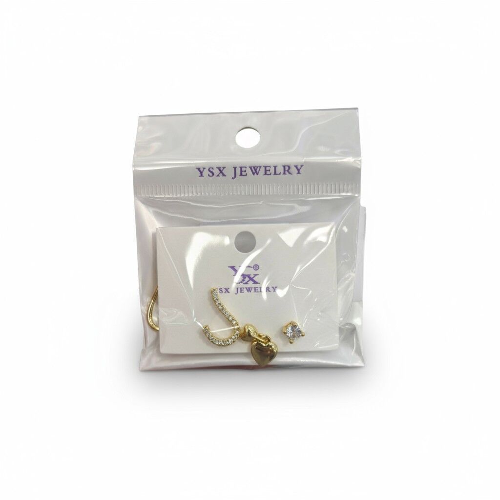 3’lü YSX Kalp Detaylı Gold Küpe Seti