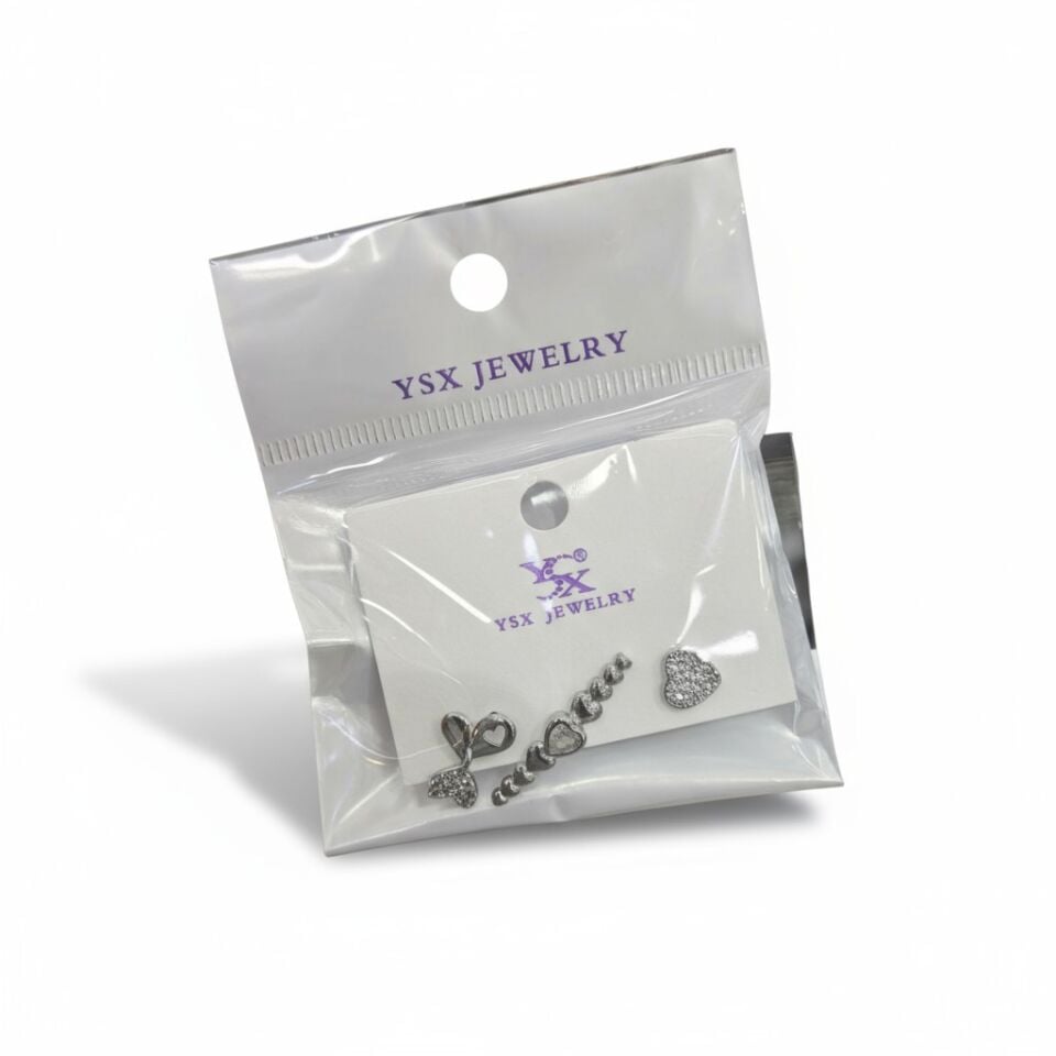 3’lü YSX Kalp Figürlü Gold Küpe Seti