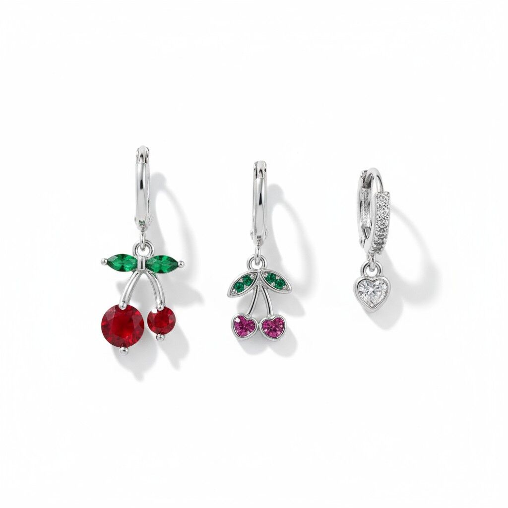 3’lü YSX Renkli Kiraz ve Kalp Figürlü Küpe Seti