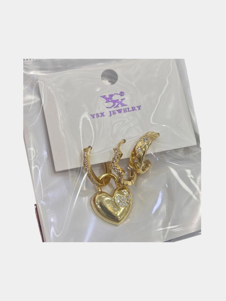 3’lü YSX Kalpli Işıltılı Gold Küpe Seti