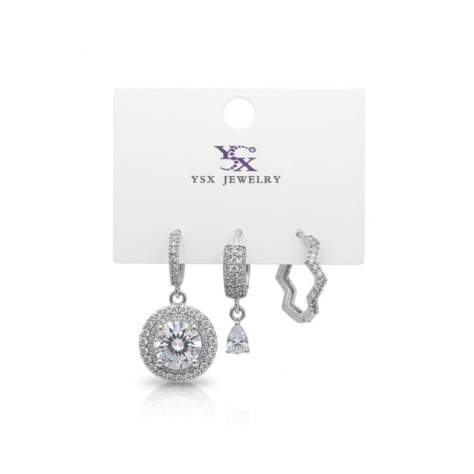 3’lü YSX Taş Detaylı Gümüş Küpe Seti