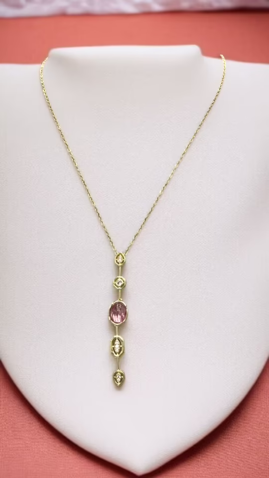 Pembe Taşlı Y Kolye İki Renk Seçeneği ile