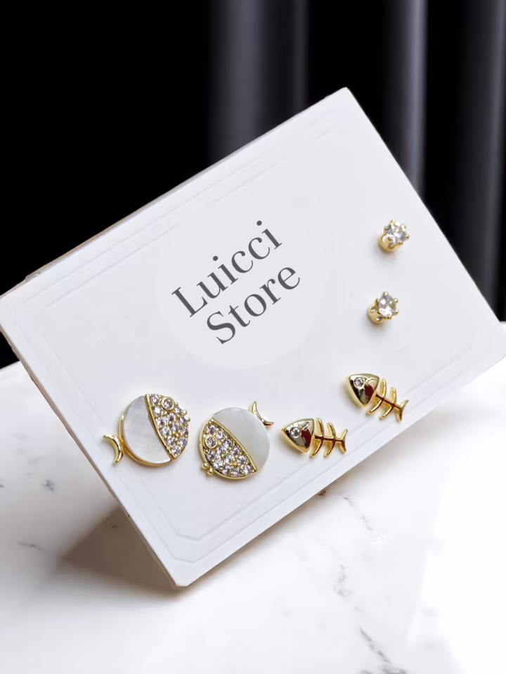 Balık Desenli 6’lı Çoklu Küpe Seti Gold 14K