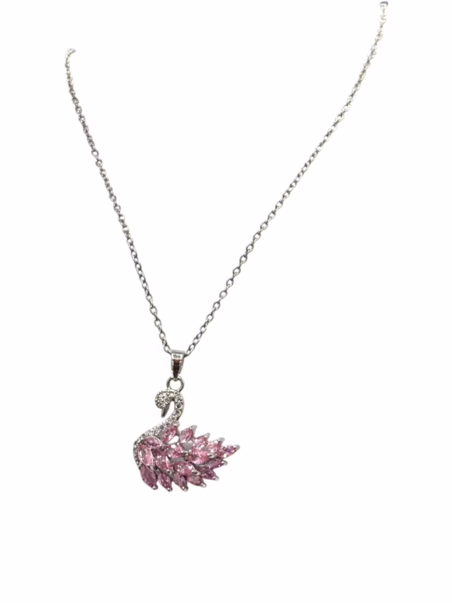 Pembe Taşlı Kuğu Desenli Çelik Kolye 45cm