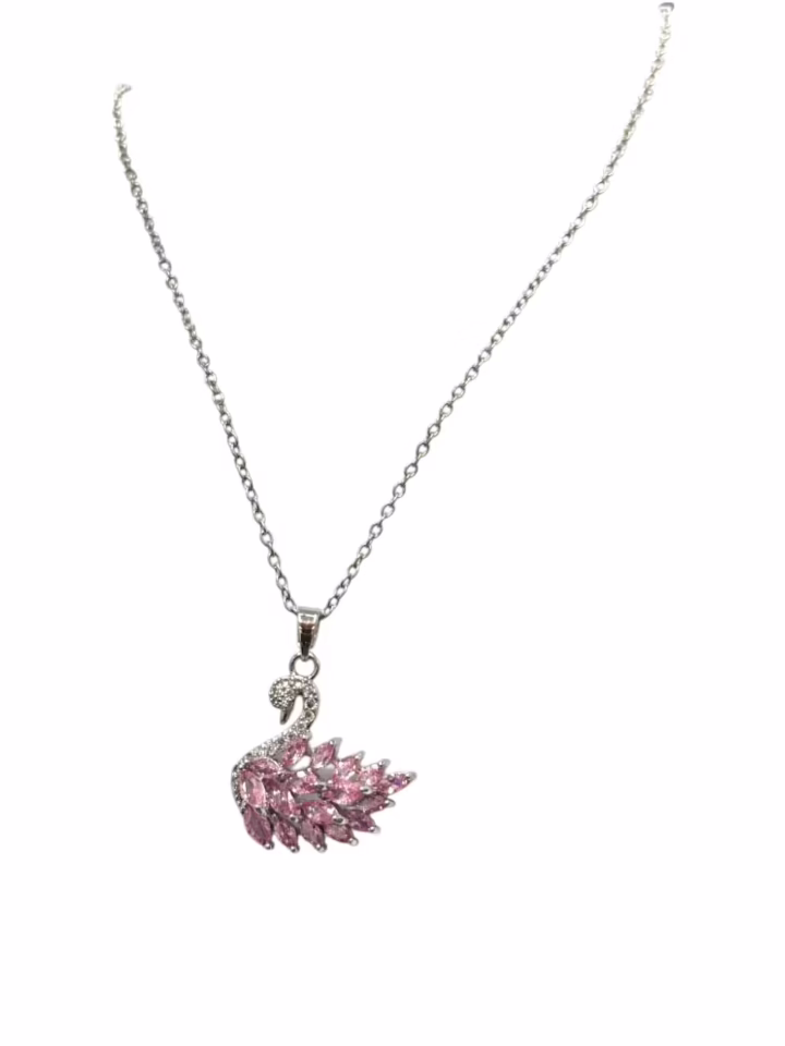 Pembe Taşlı Kuğu Desenli Çelik Kolye 45cm