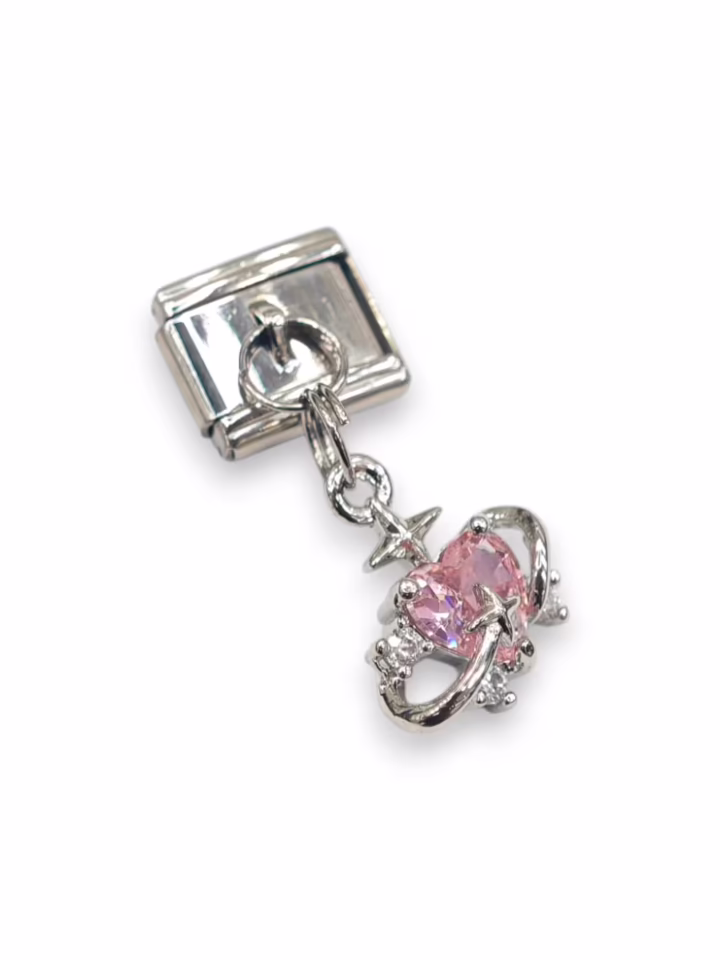 Pembe Kalp Taşlı Sallantılı İtalyan Charm